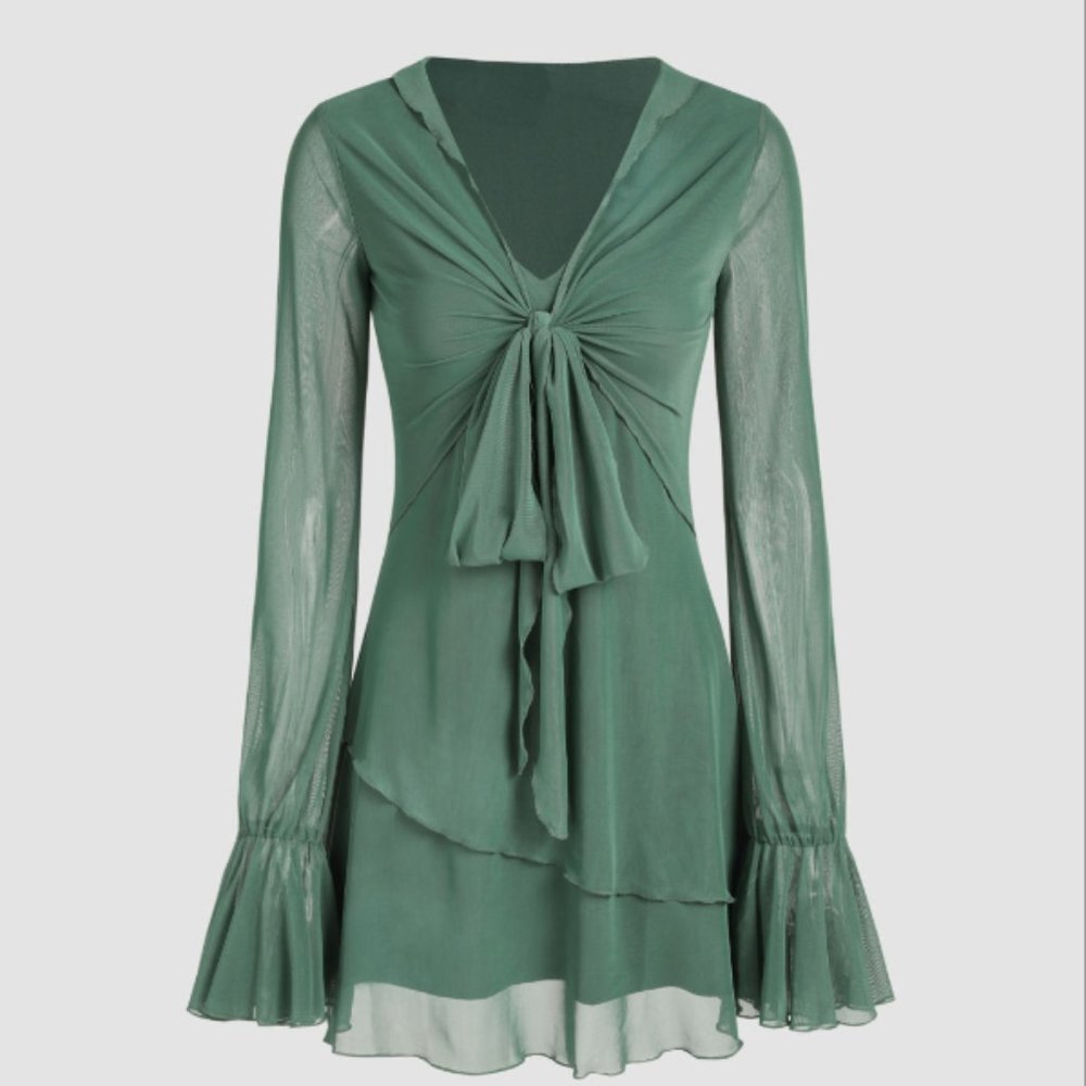 Cider - Mesh Solid Knotted Long Sleeve Mini Dress